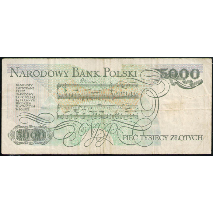 Польша 5000 Злотых 1988 год , Фредерик Шопен , Ноты полонеза