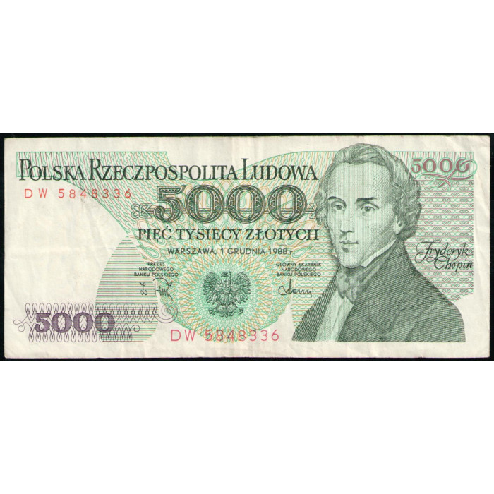 Польша 5000 Злотых 1988 год , Фредерик Шопен , Ноты полонеза