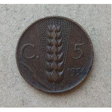 Италия 5 Чентезимо 1934 год , Пшеница , Виктор Эммануил 3