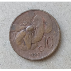 Италия 10 Чентезимо 1920 год , Пчела , Виктор Эммануил 3