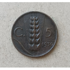 Италия 5 Чентезимо 1930 год , Пшеница , Виктор Эммануил 3