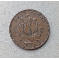 Великобритания 1/2 Пенни 1959 год , Английский галеон Золотая лань, Елизавета 2