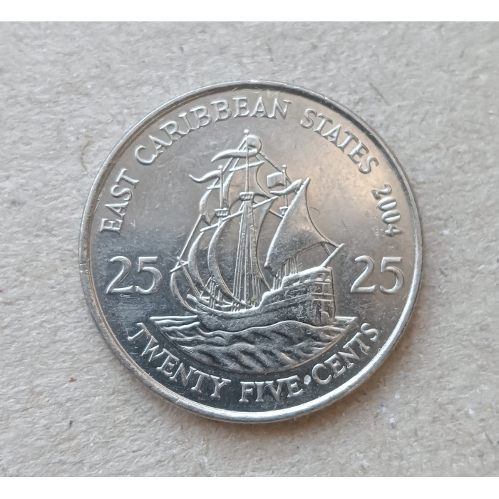 Восточные Карибы 25 Центов 2004 год , Золотая лань , Военный корабль , Елизавета 2 Восточные Карибы 25 Центов 2004 год , Золотая лань , Военный корабль , Елизавета 2