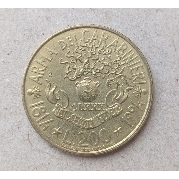 Италия 200 Лир 1994 год , 180 лет Карабинерам