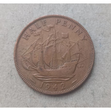 Великобритания 1/2 Пенни 1942 год , Английский галеон Золотая лань, Георг 6