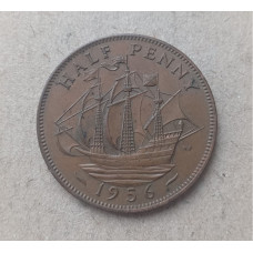 Великобритания 1/2 Пенни 1956 год , Английский галеон Золотая лань , Елизавета 2