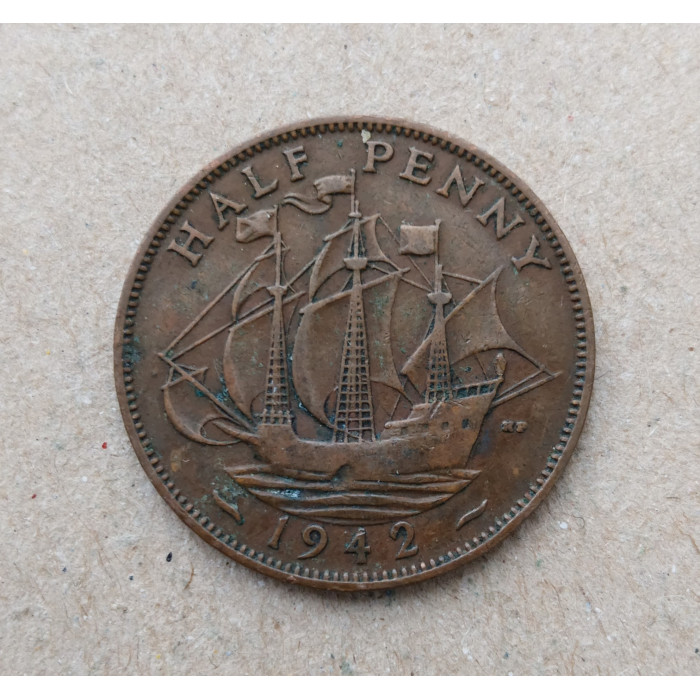 Великобритания 1/2 Пенни 1942 год , Английский галеон Золотая лань, Георг 6