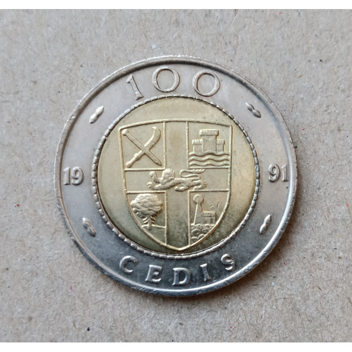 Гана 100 Седи 1991 год, Герб, Плоды какао, Биметалл