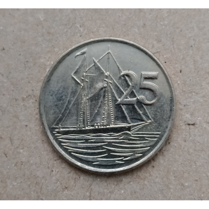 Каймановы Острова 25 Центов 1990 год , Двухмачтовая шхуна