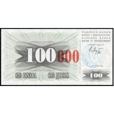 Босния и Герцеговина 100000 Динаров 1993 год , UNC , Надпечатка