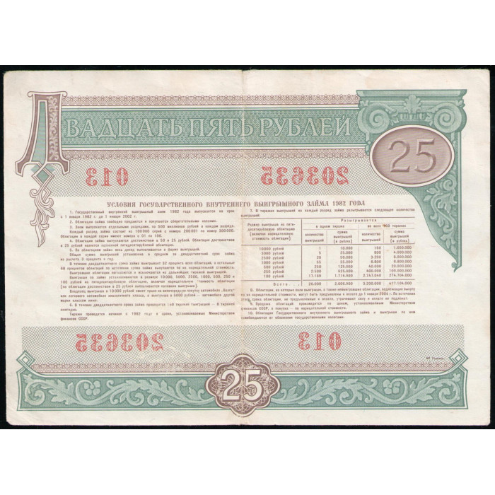СССР 25 рублей 1982 год , Облигация