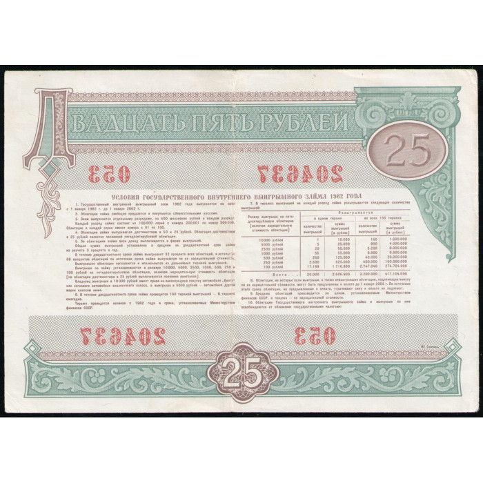 СССР 25 рублей 1982 год , Облигация