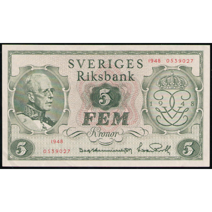 Швеция 5 Крон 1948 год , АUNC