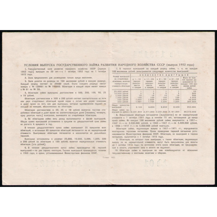СССР 100 рублей 1952 год , Облигация