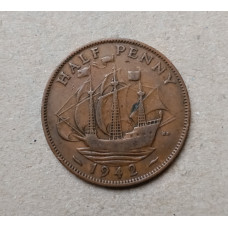 Великобритания 1/2 Пенни 1942 год , Английский галеон Золотая лань, Георг 6