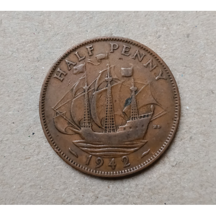 Великобритания 1/2 Пенни 1942 год , Английский галеон Золотая лань, Георг 6