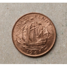 Великобритания 1/2 Пенни 1967 год , Английский галеон Золотая лань