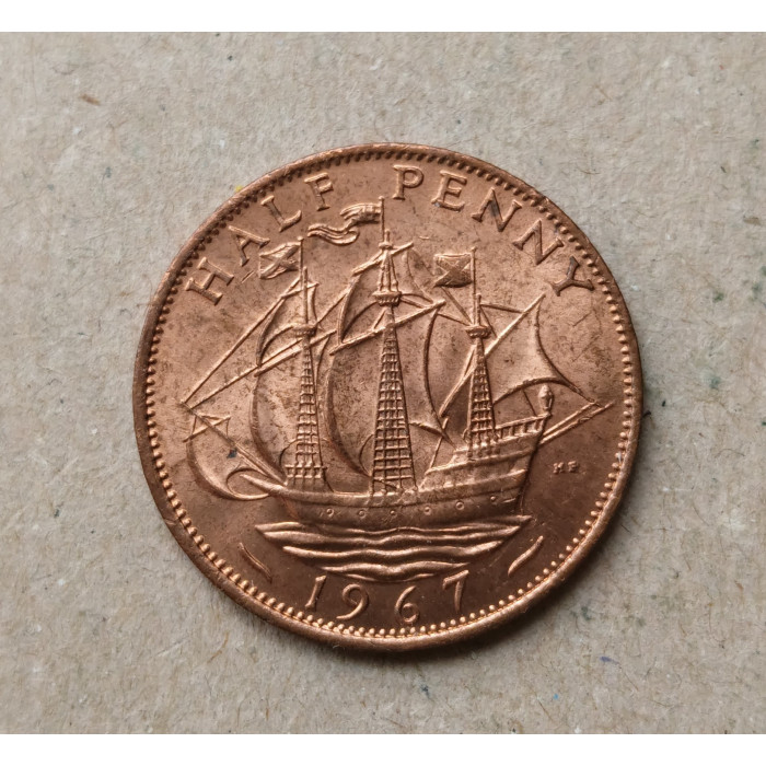 Великобритания 1/2 Пенни 1967 год , Английский галеон Золотая лань