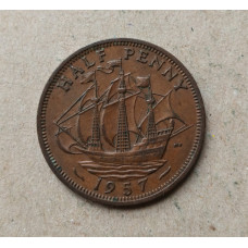 Великобритания 1/2 Пенни 1957 год , Английский галеон Золотая лань