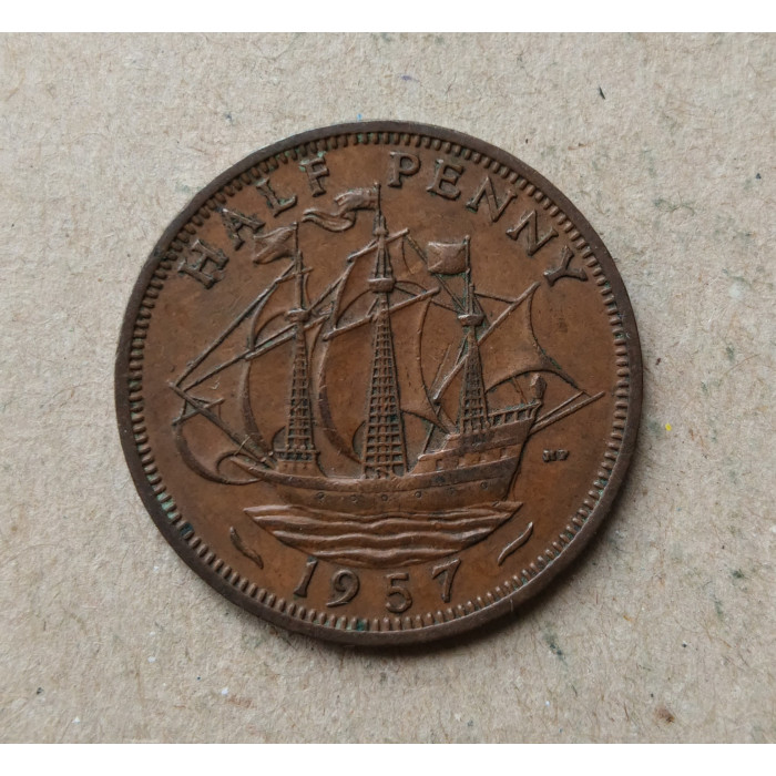 Великобритания 1/2 Пенни 1957 год , Английский галеон Золотая лань