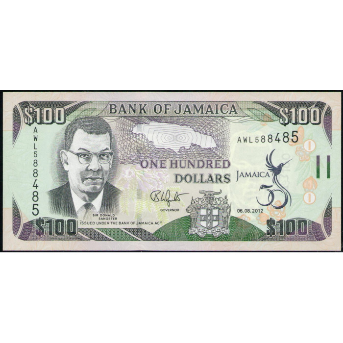 Ямайка 100 Долларов 2012 год , UNC , 50 лет Независимости