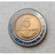 Боливия 5 Боливиано 2001 год , Биметалл