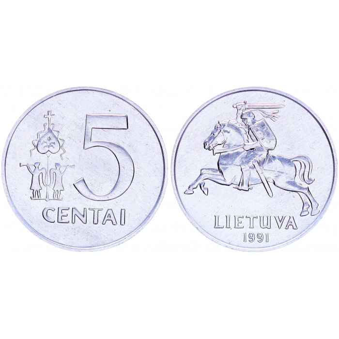 Литва 5 Центов 1991 год UNC KM# 87 Всадник (BOX1106)