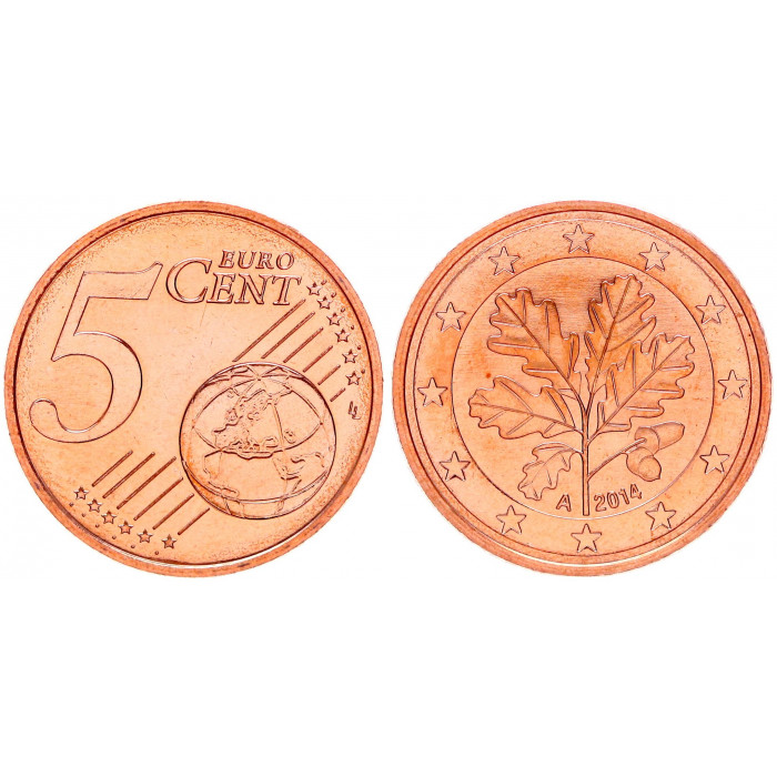 Германия ФРГ 5 Евроцентов 2014 A год UNC KM# 209 Дубовая ветка (BOX1170)