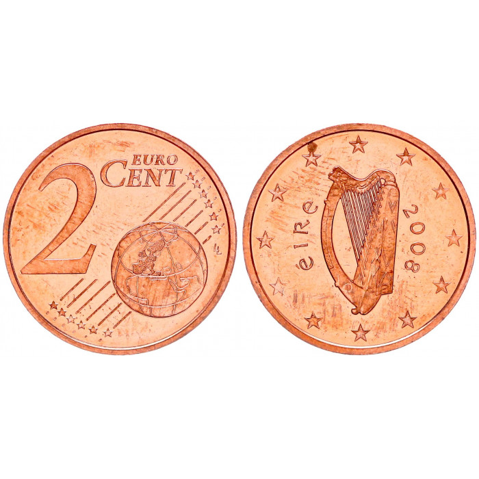 Ирландия 2 Евроцент 2008 год UNC KM# 33 Золотая арфа с серебряными струнами (BOX)