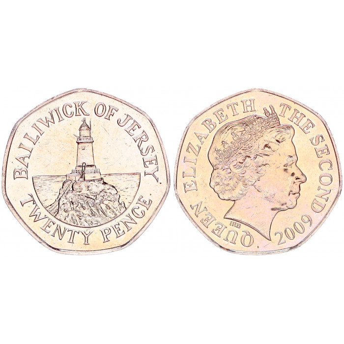 Джерси 20 Пенсов 2009 год UNC KM# 107 Маяк Ла-Корбьер в Сент-Бреладе Елизавета II (BOX2482)