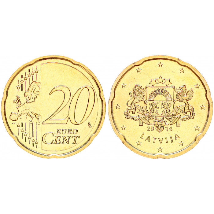 Латвия 20 Евроцентов 2014 год UNC KM# 154 Из ролла (BOX2486)