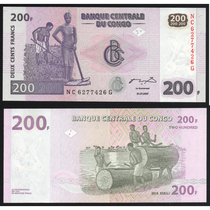 Конго 200 франков 2007 год Р#99a UNC 