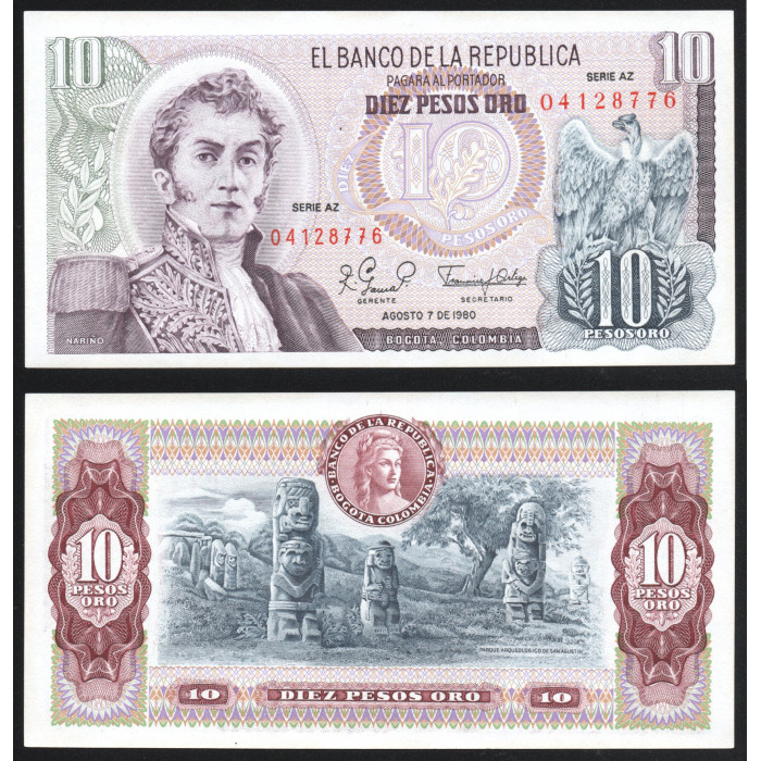 Колумбия 10 песо 1980 год Р#407h UNC 