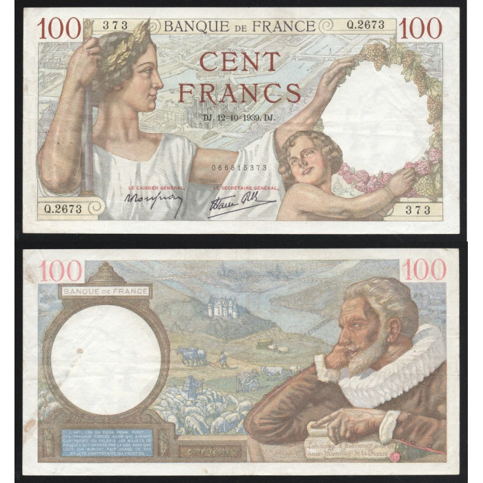 Франция 100 Франков 1939 (1942) год P# 94a.10 Серия Q.2673