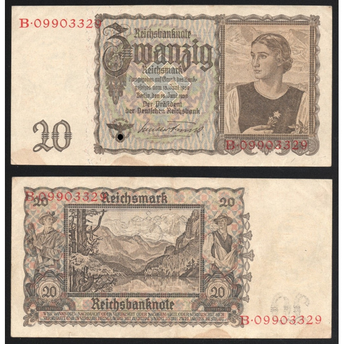 Германия 20 Рейхсмарок 1939 год P# 185 Третий Рейх Серия В 09903329