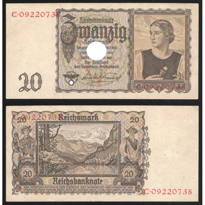 Германия 20 Рейхсмарок 1939 год Р#185 Третий 3 Рейх