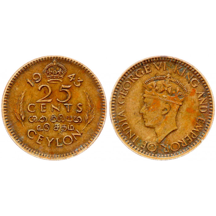 Цейлон 25 Центов 1943 год KM# 115 Король Георг VI