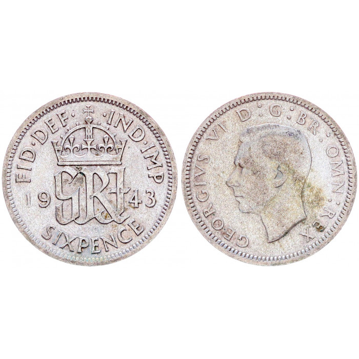 Великобритания 6 Пенсов 1943 год Серебро KM# 852 Король Георг VI