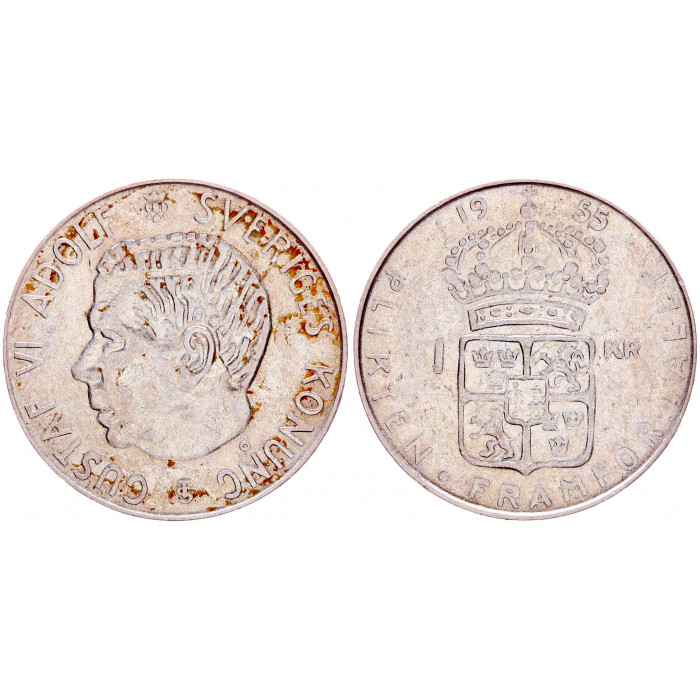 Швеция 1 Крона 1955 год Серебро KM# 826 63-ий Король Густав VI