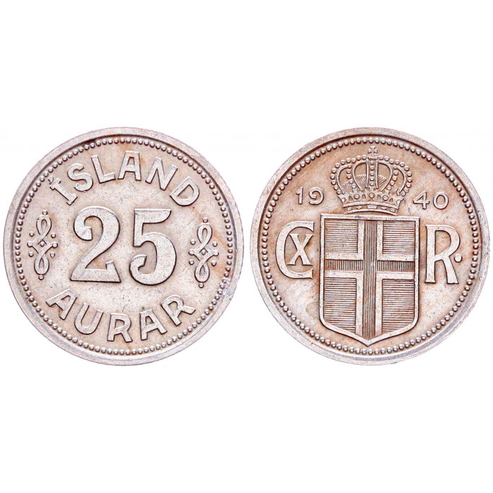 Исландия 25 Эйре 1940 год KM# 2.2 Кристиан X