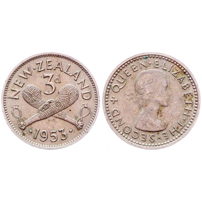 Новая Зеландия 3 Пенса 1953 год KM# 25.1 Пату оружие маори Елизавета II