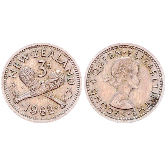 Новая Зеландия 3 Пенса 1962 год KM# 25.2 Пату оружие маори Елизавета II