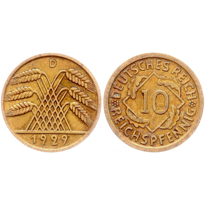 Германия 10 Рейхспфеннигов 1929 D год KM# 40 Мюнхен Веймарская Республика