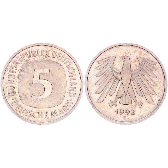 Германия 5 Марок 1992 F год KM# 140.1 Штутгарт ФРГ