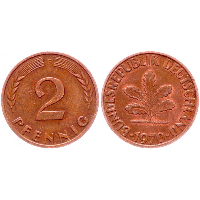 Германия 2 Пфеннига 1970 F год KM# 106a Штутгарт ФРГ