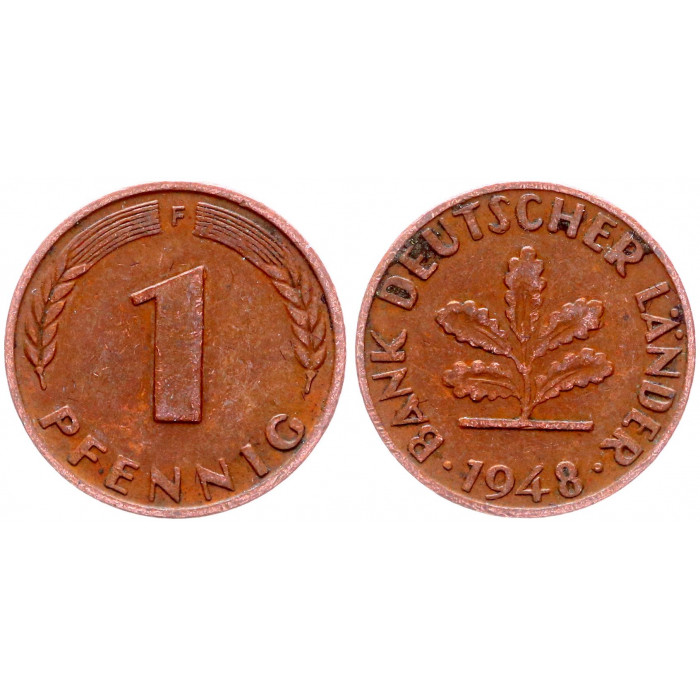 Германия 1 Пфенниг 1948 F год KM# A101 Штутгарт ФРГ