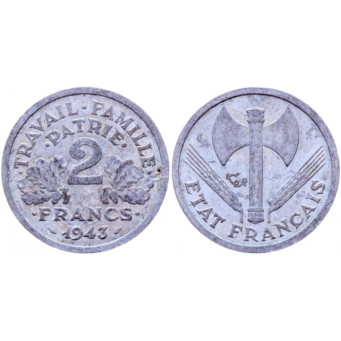Франция 2 Франка 1943 год KM# 904.1 Двойной топор Франциск