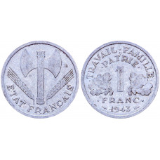Франция 1 Франк 1943 год KM# 902.1 Двойной топор Франциск
