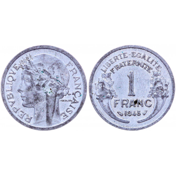 Франция 1 Франк 1948 год KM# 885a.1 Рог изобилия Марианна