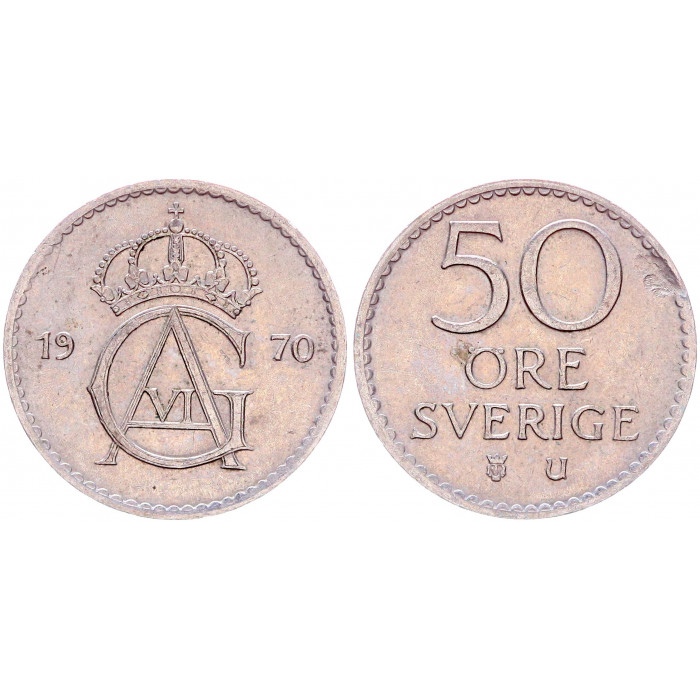 Швеция 50 Эре 1970 год KM# 837 63-ий Король Густав VI